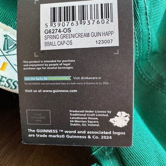 NWT Guinness Baseball Cap Dublin Ireland Adjustable Harp Logo Hat St. Pattys - Picture 8 of 8